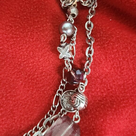 Premier Designs Silver Tone Three Strand Purple Silver Bead Coin 32" Necklace - Picture 15 of 16